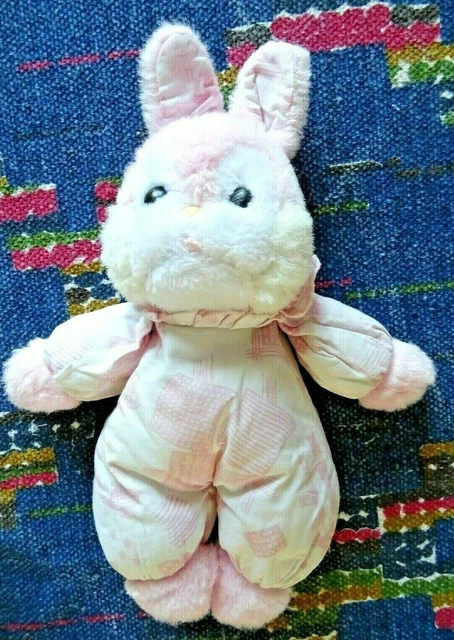Bb/ Doudou Peluche  Vintage Lapin Grelot Nounours Blanc Rose Imprime Poisson Tbe