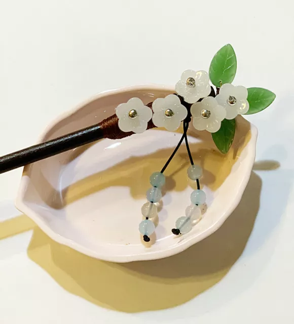1 Pc Pink Plum Flower With Green Jade Leaves Hairstick Hair Stick