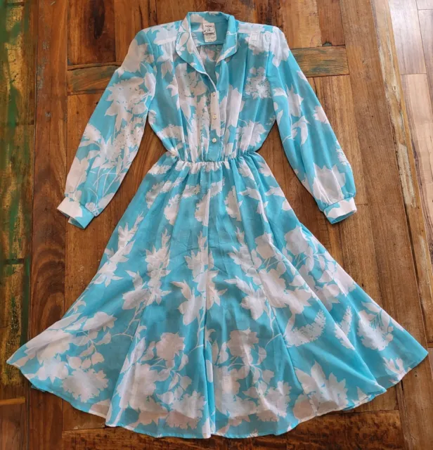 Vintage Womens 6 Sheer Blue White Floral Midi A Line Dress Button Up Collared B1