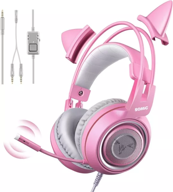 Auriculares estéreos rosa para juegos con micrófono, reducción de ruido, ligeros