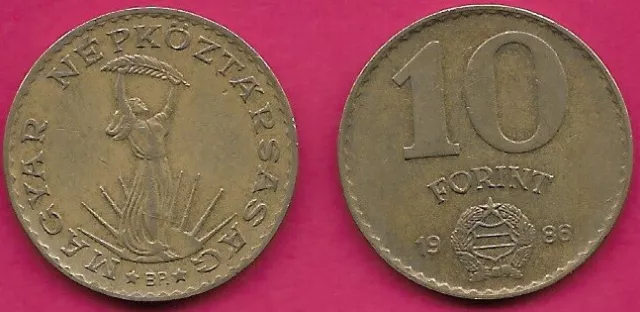 Hungary 10 Forint 1986-Bp Vf-Xf Strobl Monument,Small Shield Below Denomination