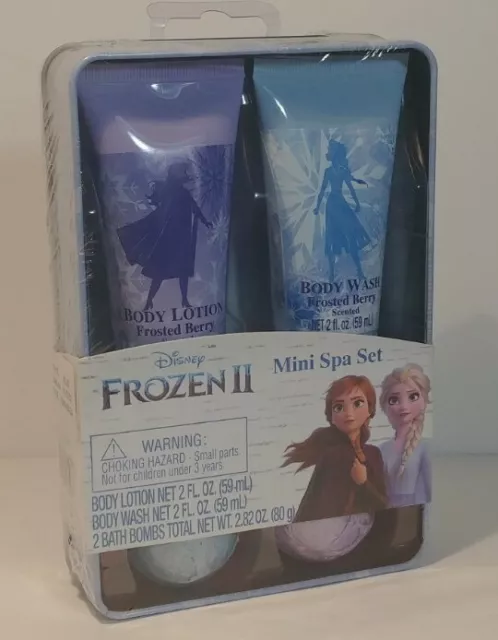 Frozen II Disney Mini Spa Set en caja de hojalata - lavado, loción y 2 bombas de baño NUEVO