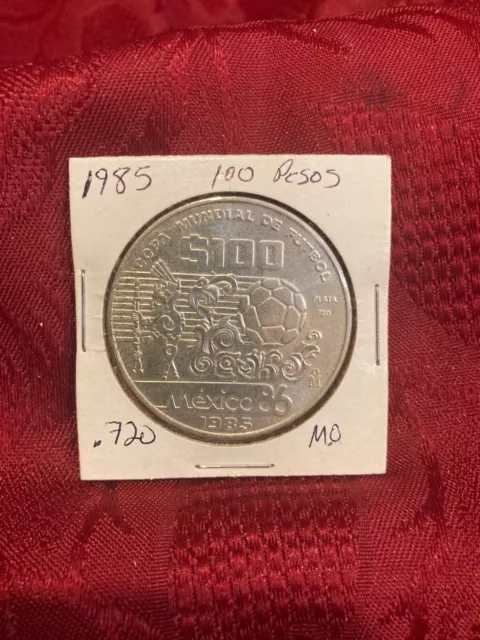1985 100 Pesos World Cup Soccer Games 1986 Silver Mexican Coin