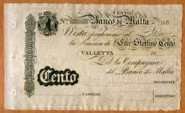 Malta, Banco Di Malta, 100 Lire, 18xx (ca 1886), P-S165, UNC Rare, Remainder
