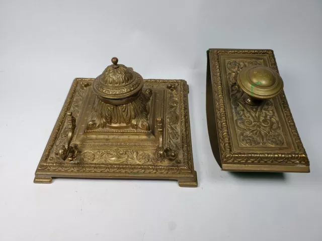 Antique Erhard & Sohne Brass Ormolu Inkwell w Penholder and Blotter