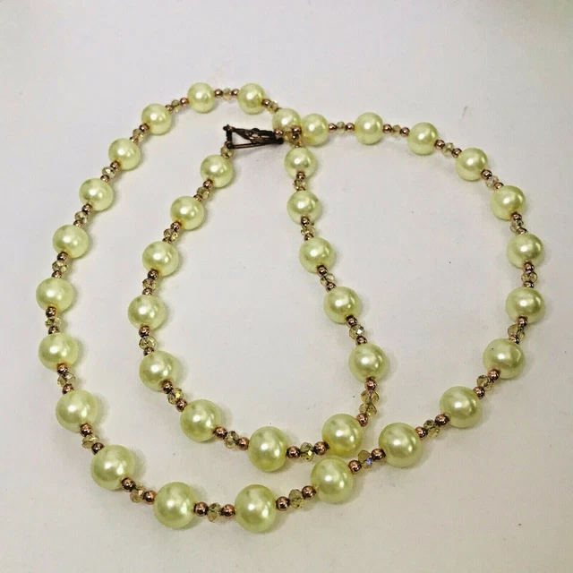 Yellow Faux Pearl Necklace Rhinestone &  Copper Spacers Toggle 26” Length J502