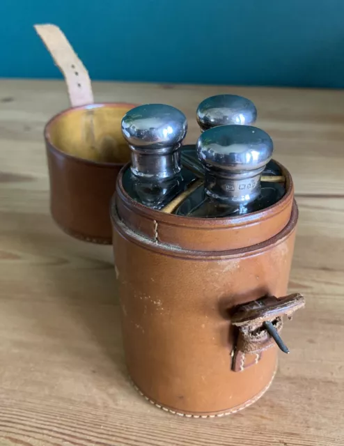 A Rare Edwardian Silver And Glass Travelling Cologne Set In Leather Fitted Case