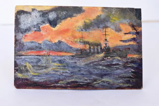 Antique Painting Water Color Steamships Steamboats Storm At Sea Evening Sunlight