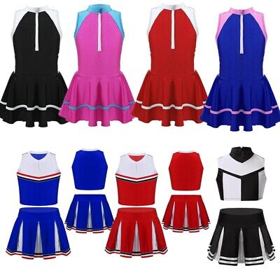 Kids Girls Cheerleader Costume Crop Top+Pleated Skirt Outfit Cosplay Dress Up