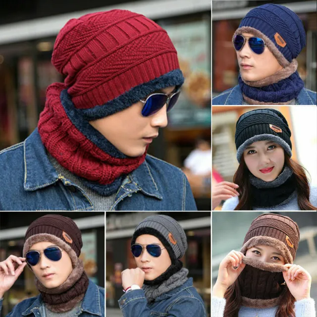 Men Women Hat Winter Knitted Neck Warm Scarf Beanie Fleece Ski Cap Hat Outdoor