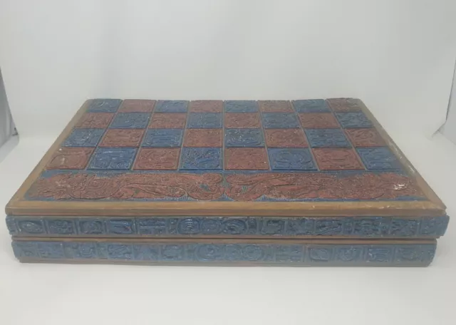 Vintage Antique Hand Carved Aztec Style Chess Checker Backgammon Board Game Set