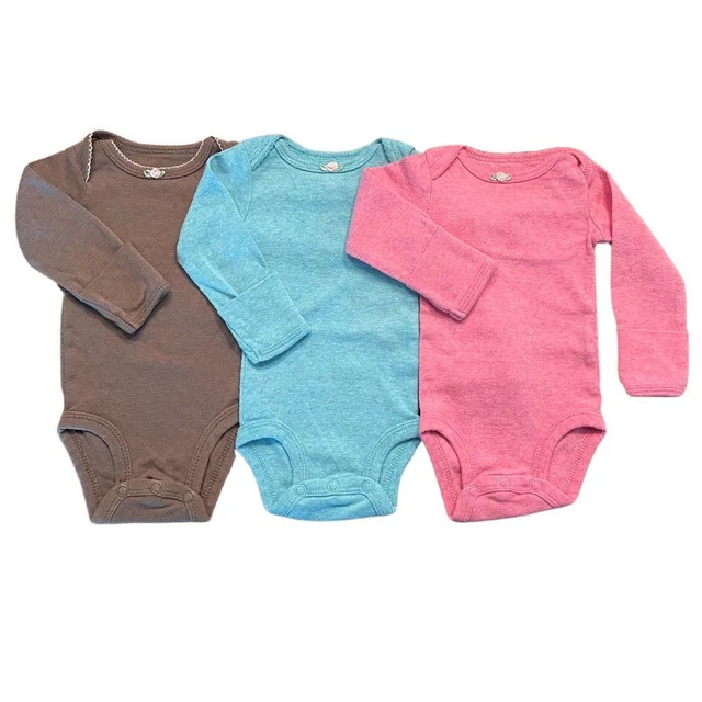 Lot of 3 Infant Baby Girls Carters Long Sleeve Bodysuits Pink Blue Brown Newborn