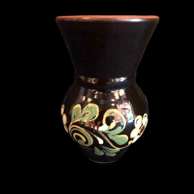 Mexican Talavera Pottery Vase Black and Brown Hand Painted Floral Design