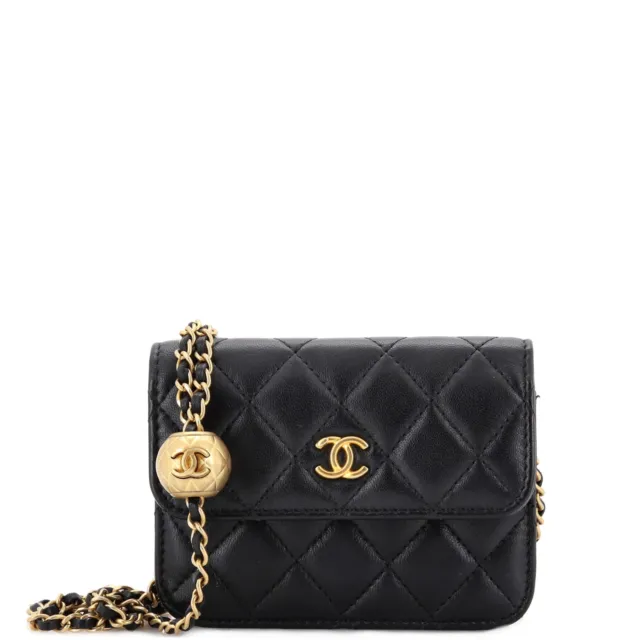 Black Quilted Lambskin Pearl Crush Wallet on Chain WOC Gold Hardware, 2022