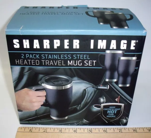 Sharper Image 2 Pack Stainless Steel Heated Travel Mug Set Black 14oz 12V New!