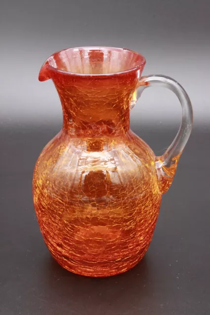 VTG Hand Blown Crackle Glass Creamer Pitcher Vase Jug Red Orange Clear Handle