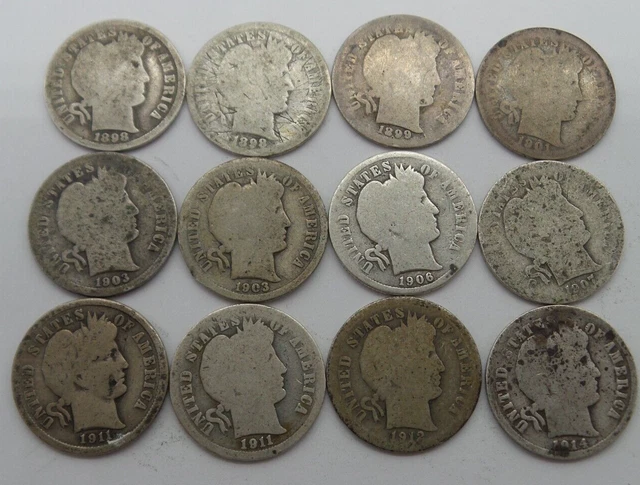 Lot of 12 Barber Silver Dimes - Culls -1898-1914 B3511