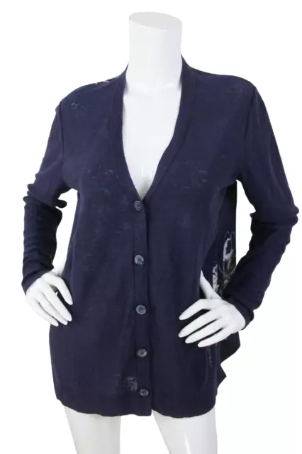 Donna Karan Cardigan Womens Small Linen Silk Floral Button Front Sweater Navy
