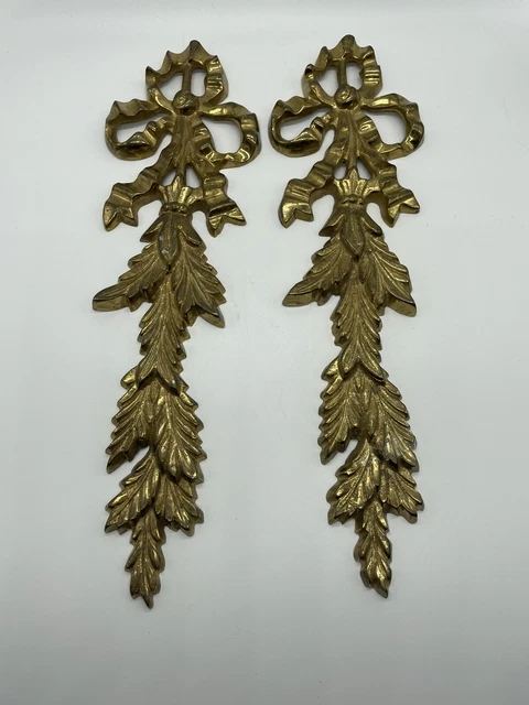 Mid Century Solid Brass Garland Wall Decor Set of 2 Ornate Hollywood Regency