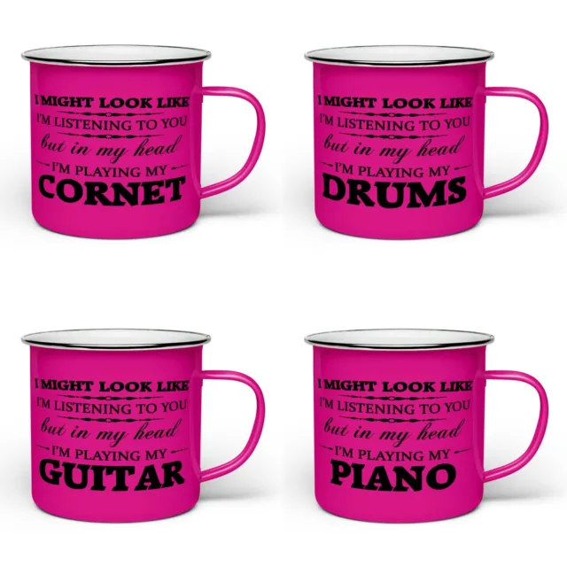 I Might Look Like I'm Listening To You But In My Head.. .Novelty Pink Enamel Mug