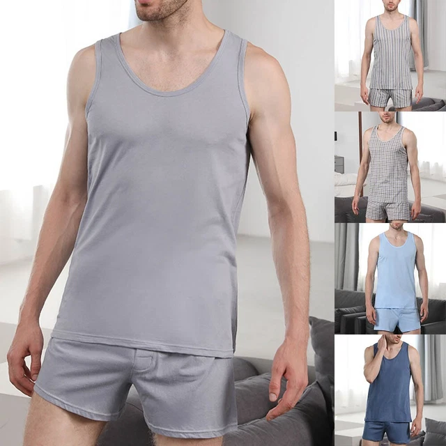Set Pigiama Uomo Abbigliamento Senza Maniche Colore Solido Serbatoio Traspirante