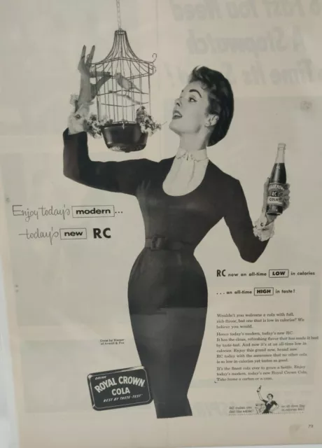1954 ROYAL CROWN RC Cola - Pretty Woman Playing With Pet PARAKEET VINTAGE AD