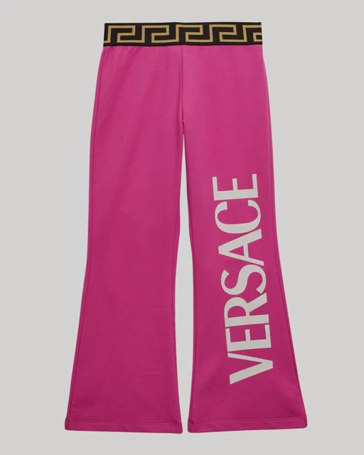 $275 Versace Girl's Pink Greca Logo-Print Bell Bottoms Pants Size 12A $275 Versace Girl's Pink Greca Logo-Print Bell Bottoms Pants Size 12A