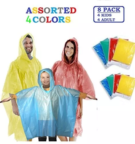 8x HOODED RAIN PONCHO PONCHOS WATERPROOF COAT DISPOSABLE FAMILY Adults and Kids