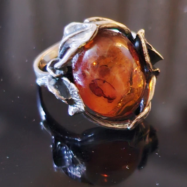 Bague Ancienne Art Nouveau En Argent Massif Et Imitation Ambre - Tour De Doigt 1,6 Cm