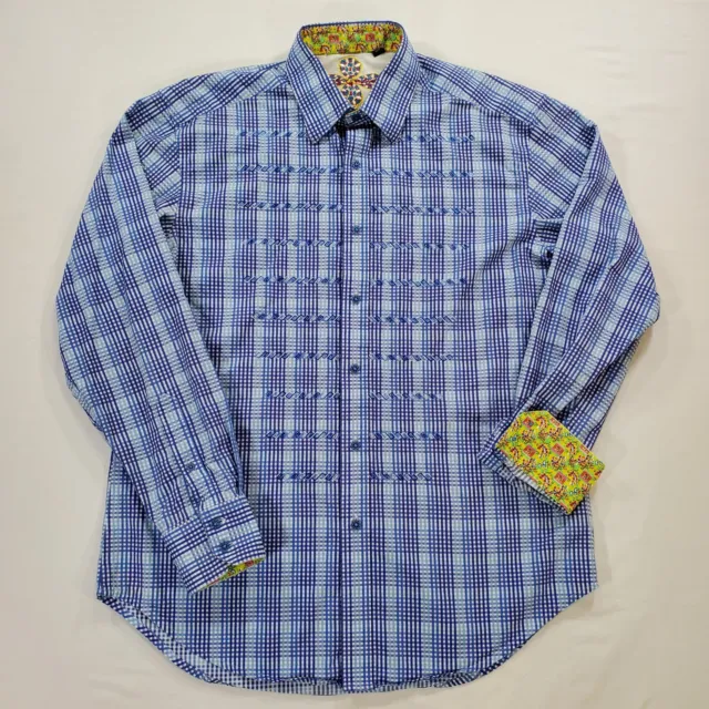 Robert Graham Shirt Mens Large Blue Tartan Plaid Silk Trim Embroidered Button Up