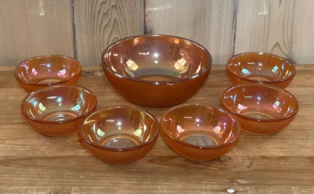 Set Of 7 ~ Imperial Glass Carnival Glass Marigold Bowls Across Orange Crackle