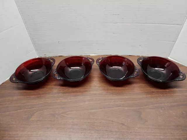 Depression Glass 4 1/2" Set of 4  Ruby Red Coronation Bowl Dainty Handle