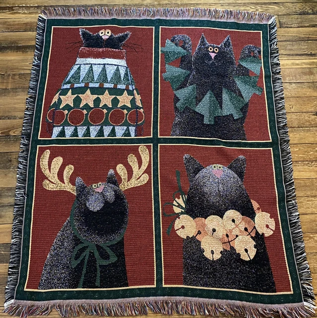 Christmas Cat Blanket Woven Tapestry Fringed Throw Afghan 59” X 49”
