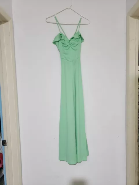 Womens Mint Green Spaghetti Strap Maxi Dress Back Tie Zip Ruched Gown Vintage