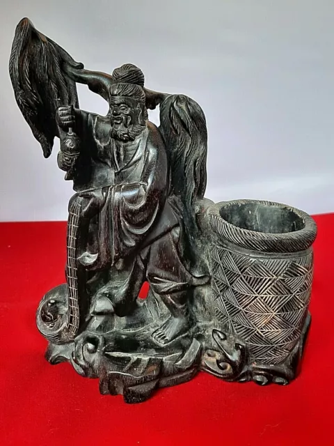 Rare Antique Chinese Fisherman w/ Fish & Net, Brush Pot Carved Heavy Dark Wood