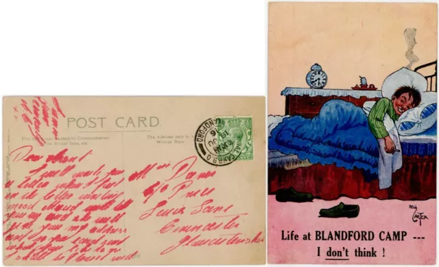 Gb 1916 Ww1 Blandford Camp Comic Ppc + Military Postmark Artist Reg Carter