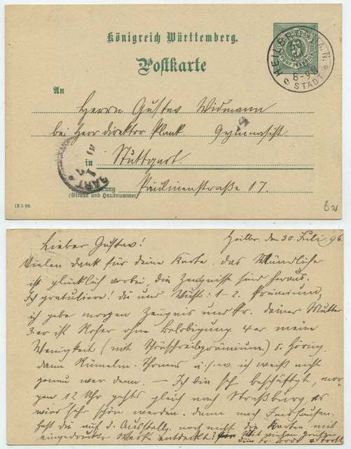 68254 - Ganzsache P 37 - Postkarte - Heilbronn 30.7.1896 nach Stuttgart