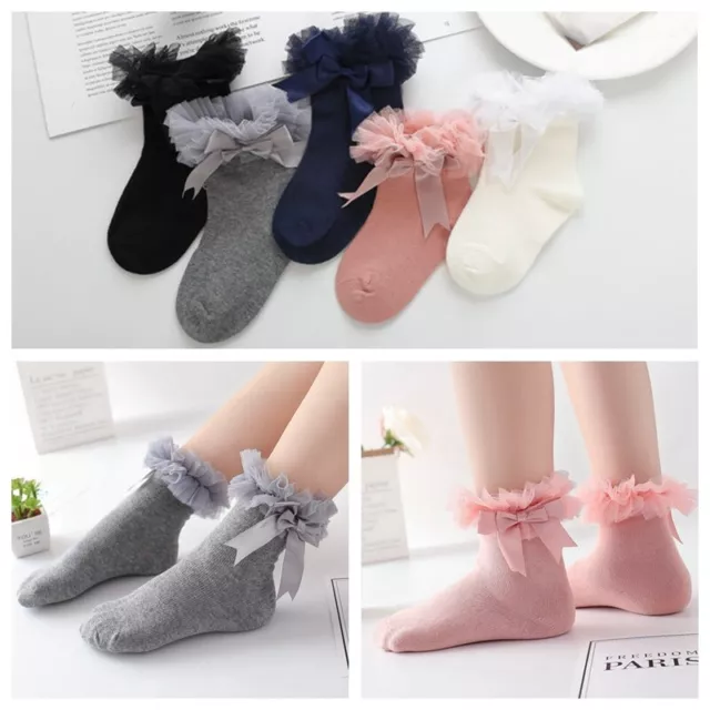 Girls Kids Toddlers Tutu Bow Ankle Christening Wedding School Socks 2-8 years //