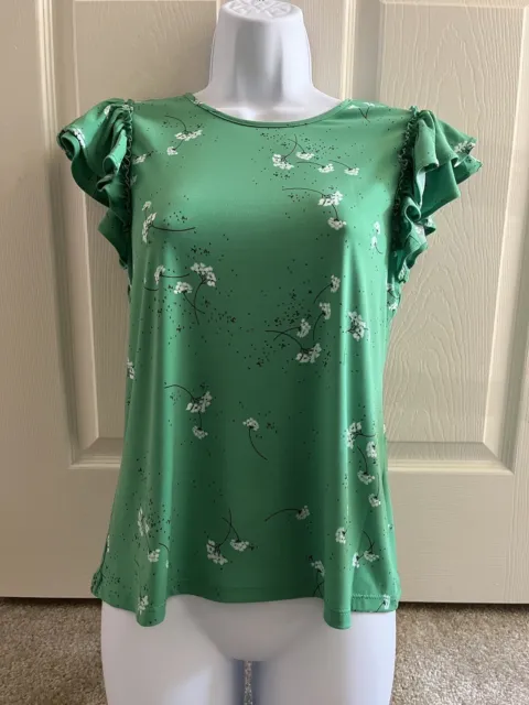 CeCe Women's Floral Flutter Sleeve Blouse Top Green Size XS