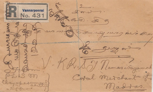 Ceylon: 1926: registered letter Vannarponnai to Madras