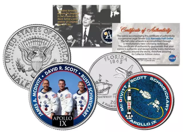 APOLLO 9 SPACE Colorized 2-Coin Set US Quarter & JFK Half Dollar NASA ASTRONAUTS