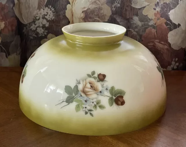 Vintage 14" White Rose Bouquet Oil Or Electric Hanging Dome Glass Lamp Shade