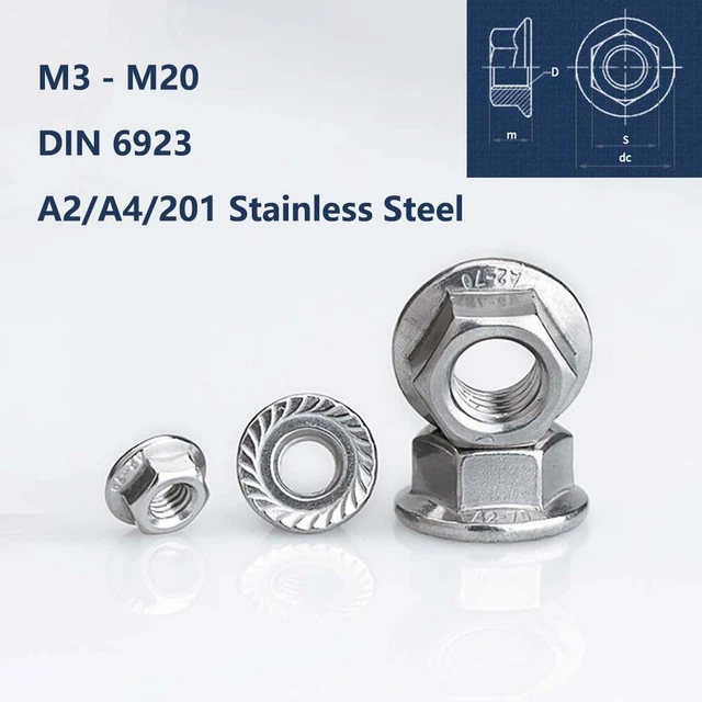 Dadi flangiati seghettati A2 acciaio inox esagono M3 M4 M5 M6 M8 M10 - M20 DIN 6923