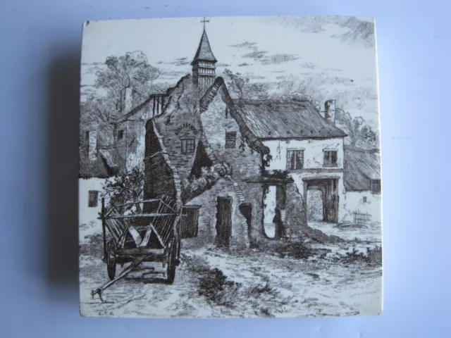 ANTIQUE VICTORIAN MINTONS VIEWS CERAMIC TRIVET TILE  -RUINS OF HOUGEMONT c1885