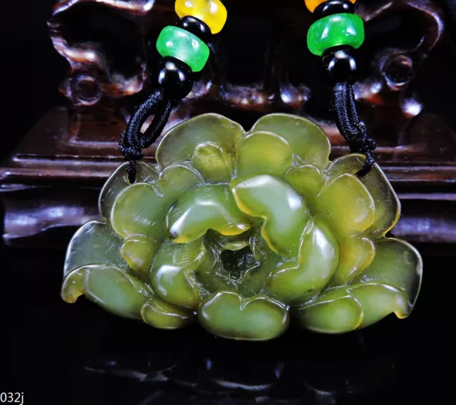 100% Natural Hand-carved Jade Pendant Jadeite Necklace peony flower 032j