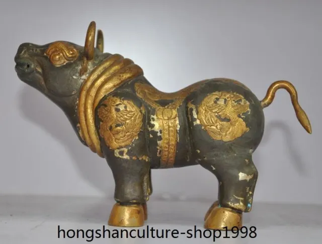 6'' China Old silver 24k gold phoenix totem cattle bull Feng Shui animal statue