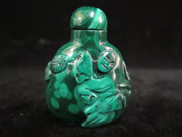 CHINESE Carved Green MALACHITE Dancing Figure with Flowers SNUFF Bottle