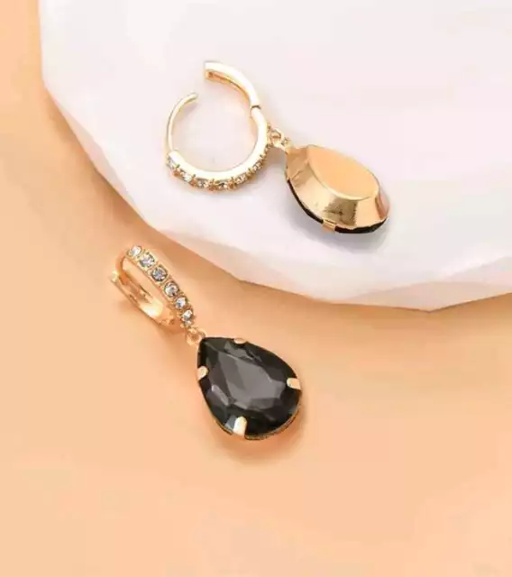 Black Blue Rhinestones Sparkling Dangle Water Drop Earrings Pair Gift For Women