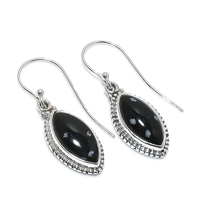 Snowflake Obsidian Gemstone 925 Solid Sterling Silver Jewelry Earring 1.50"