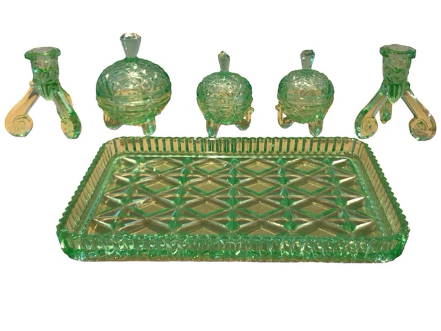 BAGLEY ART DECO Green Glass Vanity Dressing Table Set. Uranium Green Glass  89.00 - PicClick UK